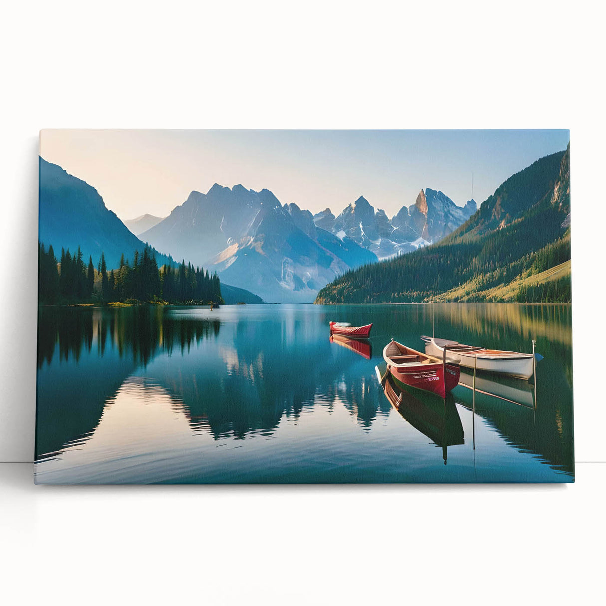 Stretched canvas wall art showcasing a serene lake landscape, featuring vibrant blues and greens, elegantly leaning against a neutral wall, perfect for home decor.