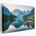Stretched canvas wall art showcasing a serene lake landscape design, featuring vibrant blues and greens, ideal for home decor or office settings.