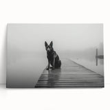 Stretched canvas wall art showcasing a serene lake landscape with vibrant colors and rich textures, leaning against a neutral wall, perfect for home decor.