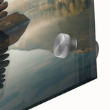 Close-up of a vibrant acrylic glass wall art piece showcasing a serene lake landscape surrounded by lush greenery, perfect for modern home decor.