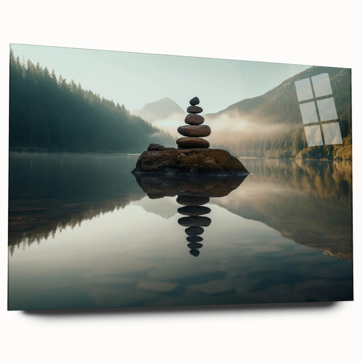 Acrylic glass artwork showcasing a serene lakeside landscape, framed in modern style, highlighting vibrant colors and reflective details, perfect for home decor.