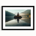 Framed wall art featuring a serene lake landscape design, presented in a sleek black frame with a white mat, perfect for enhancing home decor in living spaces.