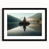Framed wall art featuring a serene lake landscape design, presented in a sleek black frame with a white mat, perfect for enhancing home decor in living spaces.