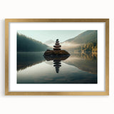 Framed landscape wall art featuring serene lakes and mountains, accented with a gold mat, ideal for home decor in living rooms or offices.