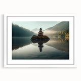 Framed wall art showcasing a serene lake landscape with vibrant blues and greens, set against a white mat, ideal for home or office decor.