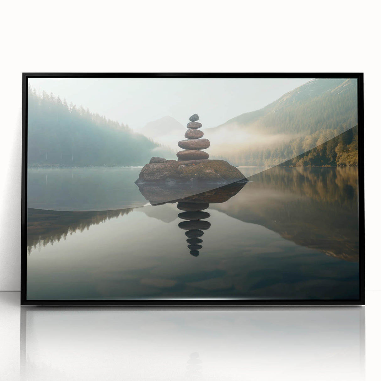 Framed wall art featuring a serene landscape scene with a tranquil lake, surrounded by lush greenery and vibrant colors, designed to enhance home decor.