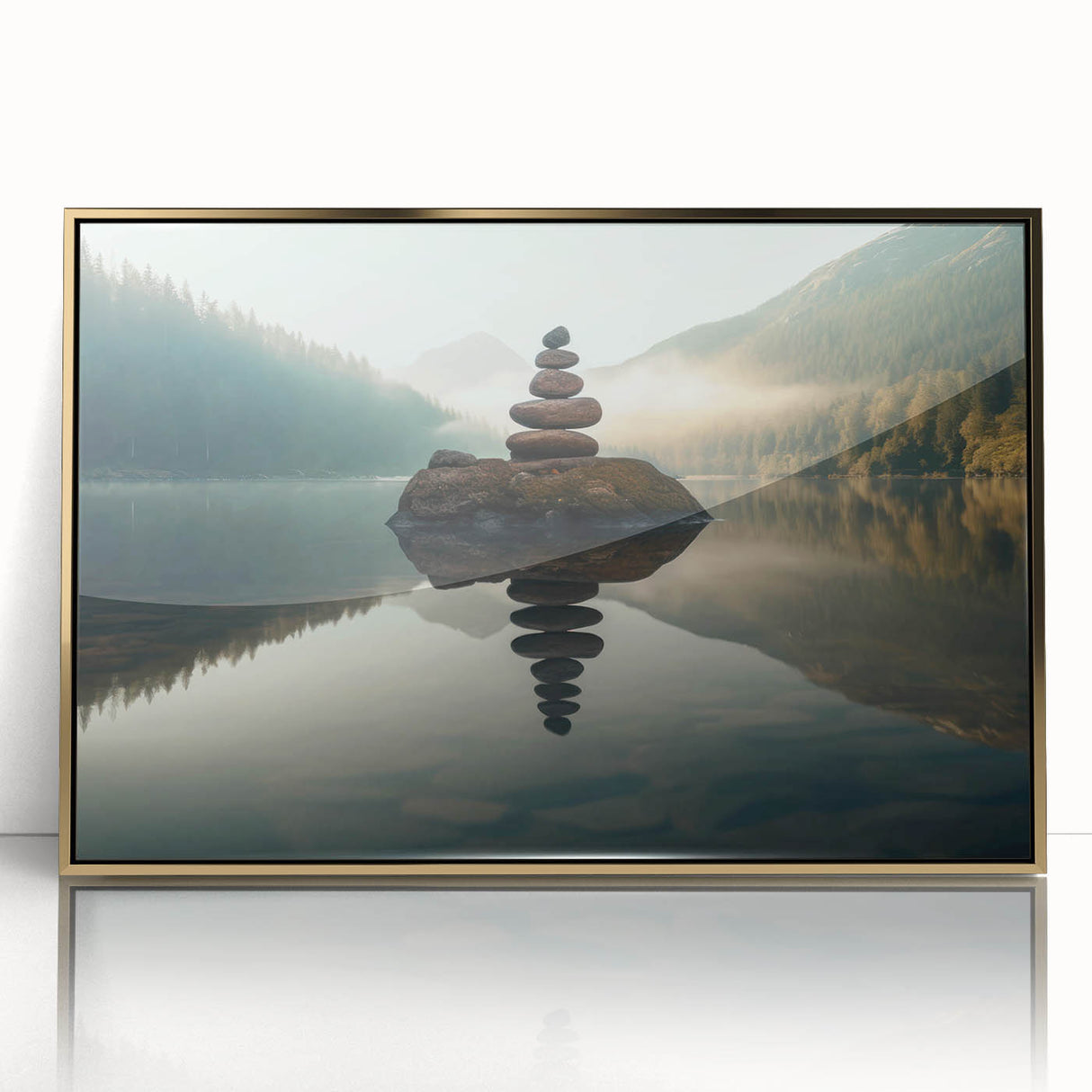 Framed acrylic wall art showcasing a serene lakeside landscape with golden accents, ideal for home decor. Perfect blend of nature and elegance in a stylish presentation.