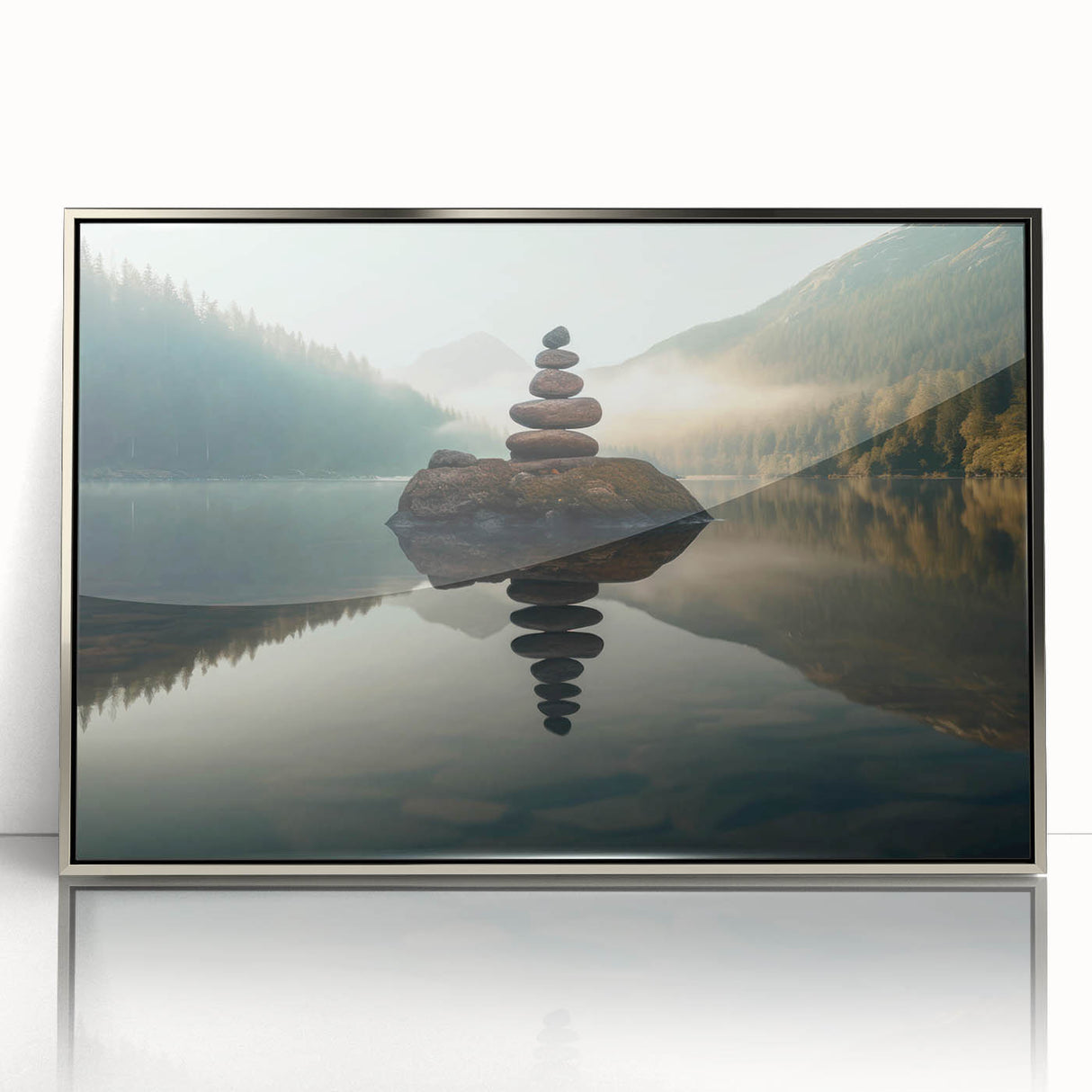 Framed acrylic wall art featuring a serene landscape of a tranquil lake surrounded by lush greenery, elegantly displayed in a silver frame, perfect for modern home decor.