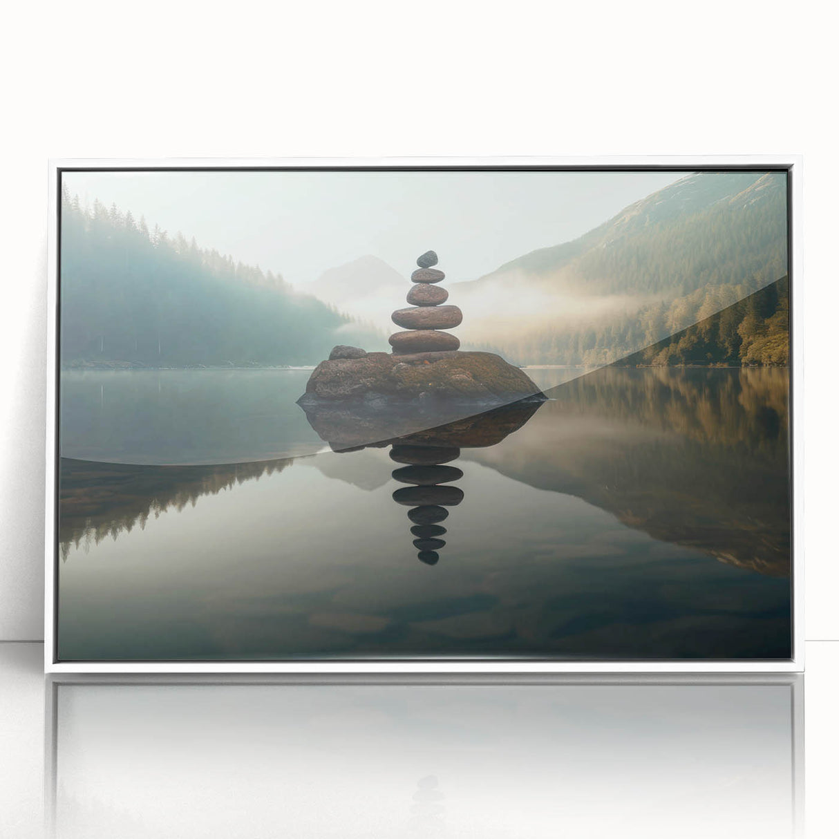 Framed acrylic wall art from the Landscapes Lakes Design 22 collection, showcasing serene lake scenes with vivid colors and a sleek white frame, perfect for home decor.