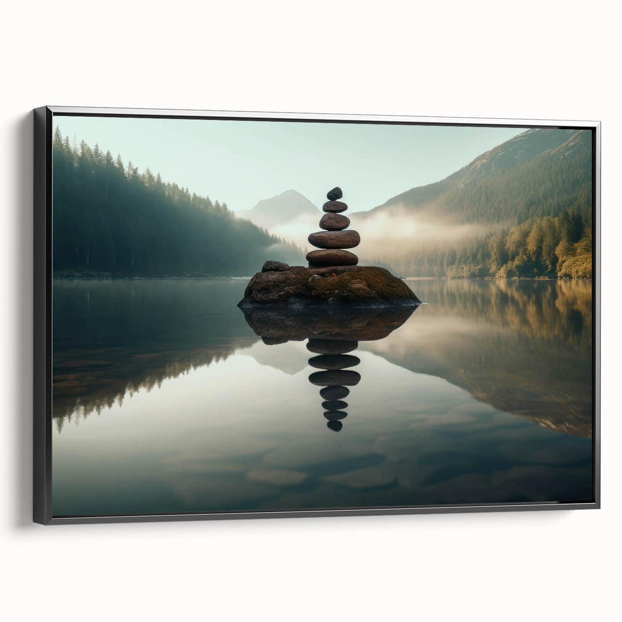Framed canvas wall art showcasing a serene lake landscape design, featuring rich blues and greens, with a sleek black frame enhancing its modern aesthetic. Ideal for home decor enthusiasts seeking nature-inspired artwork.