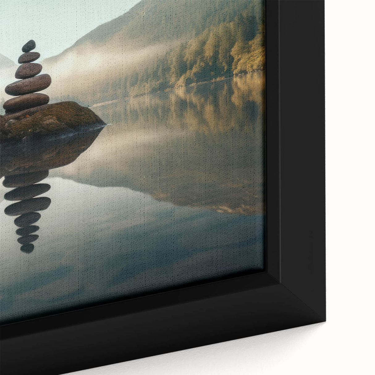 Framed canvas art showcasing a serene lakeside landscape with vibrant colors, perfect for home decor, highlighting natural beauty and tranquility.