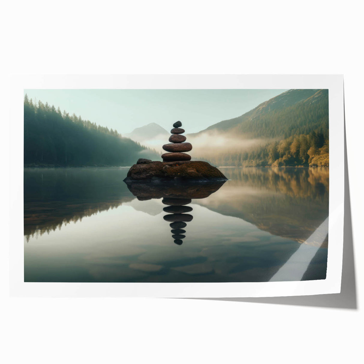 Vibrant rolled wall art print showcasing a serene lake landscape with lush greenery and a colorful sunset, elegantly packaged in a protective cardboard tube. Perfect for enhancing home decor.