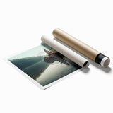 Vibrant rolled print showcasing a serene lake landscape with mountains and lush greenery, perfect for home decor. High-quality art piece rolled for easy framing.