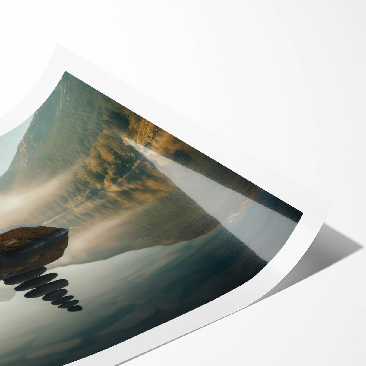 Lakeside landscape wall art print showcasing vibrant colors and serene water reflections, rolled for easy shipping and display in any home decor setting.