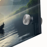 Close-up of a vibrant acrylic glass wall art piece showcasing a serene lake landscape with lush greenery and a clear blue sky, perfect for home decor.