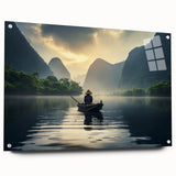 Elegant acrylic wall art design featuring a serene lakeside landscape in soft blues and greens, showcased from a side view with decorative pins, ideal for home decor.