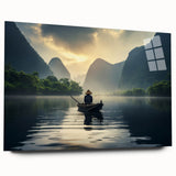 Acrylic glass wall art depicting a serene lakeside landscape, showcasing vibrant colors and intricate details, designed for modern decor, viewed from the side.