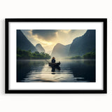 Framed wall art featuring a serene lake landscape design, with a black mat and frame, ideal for enhancing interior decor with nature-inspired aesthetics.