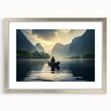 Framed silver wall art featuring a serene lakeside landscape design with matting, perfect for home decor or office spaces, enhancing any interior aesthetic.