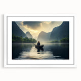 Elegant framed wall art featuring a serene lakeside landscape in soft blue and green tones, set against a white mat and modern frame, perfect for home decor.
