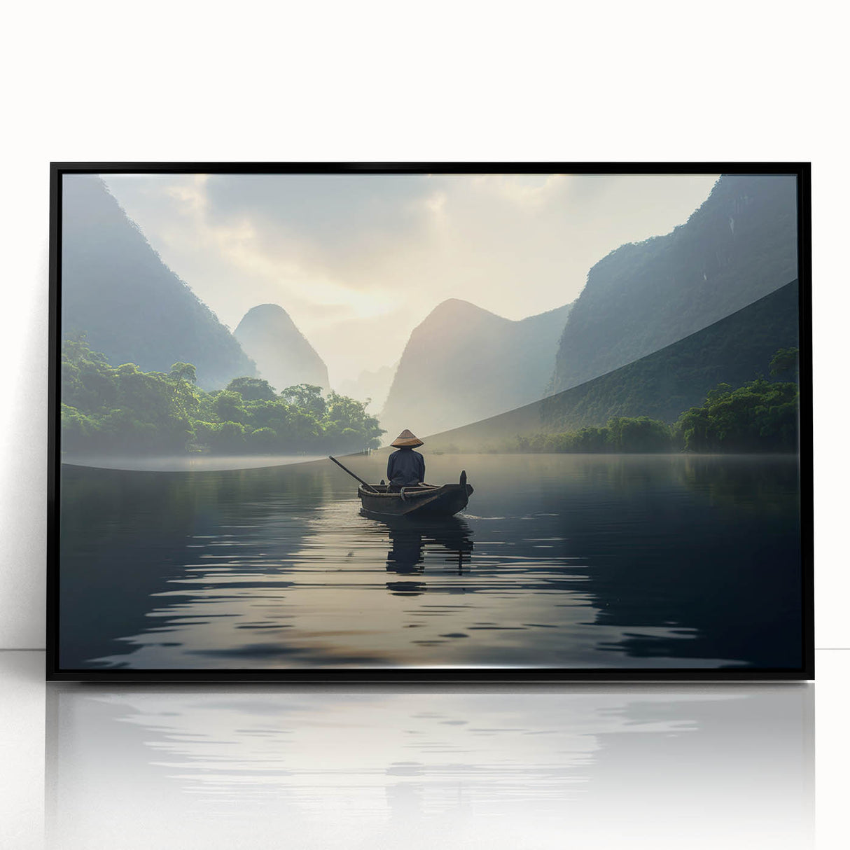 Framed acrylic wall art showcasing a serene lake landscape with vibrant colors, set in a sleek black frame, perfect for enhancing home decor.
