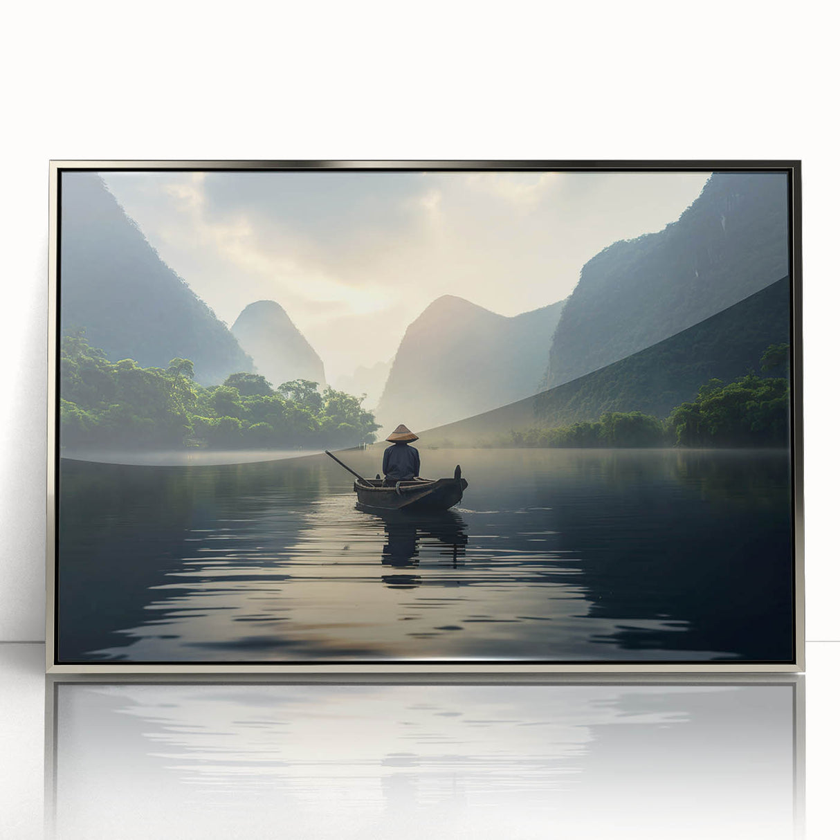Framed wall art showcasing a serene lake landscape design, highlighted by silver acrylic framing, perfect for enhancing modern home decor aesthetics.
