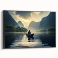 Framed canvas wall art showcasing a serene landscape with a tranquil lake, surrounded by lush greenery and a vibrant sunset, presented in a sleek black frame for an elegant touch.