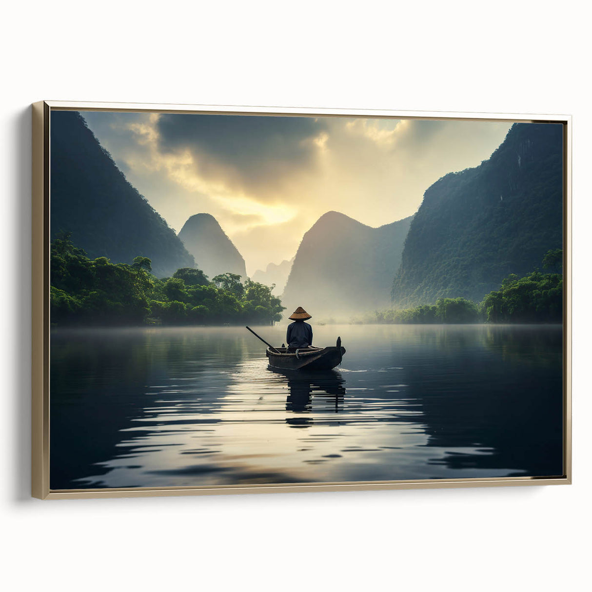 Framed canvas wall art showcasing a serene lakeside landscape design in soothing blue and green tones, accented with a luxurious gold frame, ideal for enhancing home decor.