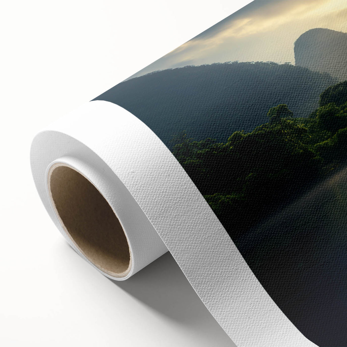 Rolled canvas artwork showcasing a serene lakeside landscape with vibrant colors and intricate details, perfect for enhancing home decor.