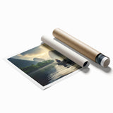 Rolled print showcasing a serene lake landscape design, featuring vibrant blues and greens, perfect for home decor. Packaged in a protective tube for easy display.
