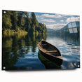 Acrylic glass wall art collection showcasing a serene lakeside landscape design, side view with decorative pins, ideal for enhancing modern home decor.