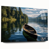 Side view of a modern acrylic glass wall art piece showcasing a vibrant lake landscape design, emphasizing rich blues and greens, perfect for home decor.