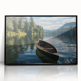 Framed acrylic wall art depicting a serene landscape with a lake, surrounded by lush greenery and mountains, presented in a sleek black frame for a modern aesthetic.