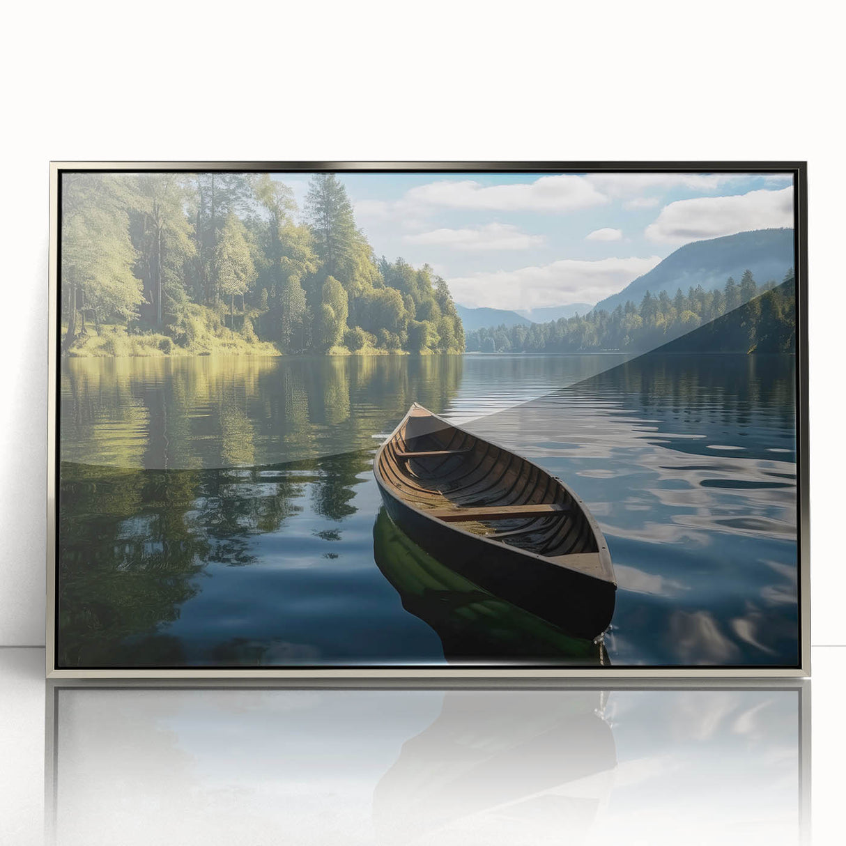 Framed acrylic wall art showcasing a serene lake landscape in vibrant colors, designed to enhance home decor, with a sleek silver frame adding elegance.