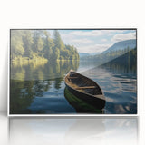 Framed acrylic wall art showcasing a serene landscape of a tranquil lake surrounded by lush greenery, elegantly displayed in a white frame, ideal for home decor.