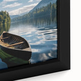 Framed canvas wall art showcasing a serene lake landscape with vibrant colors, highlighting intricate details in the trees and water reflections, perfect for home decor.