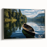 Framed canvas wall art of a serene lakeside landscape, showcasing vibrant colors and intricate details. The artwork features a silver frame, enhancing its elegance and style, perfect for home decor.