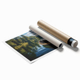 Rolled landscape wall art print showcasing a serene lake scene with vibrant colors and detailed reflections, perfect for home decor and interior design enhancement.