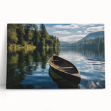 Stretched canvas wall art showcasing a serene lake landscape design, featuring vibrant blues and greens, perfect for home decor in a modern setting.