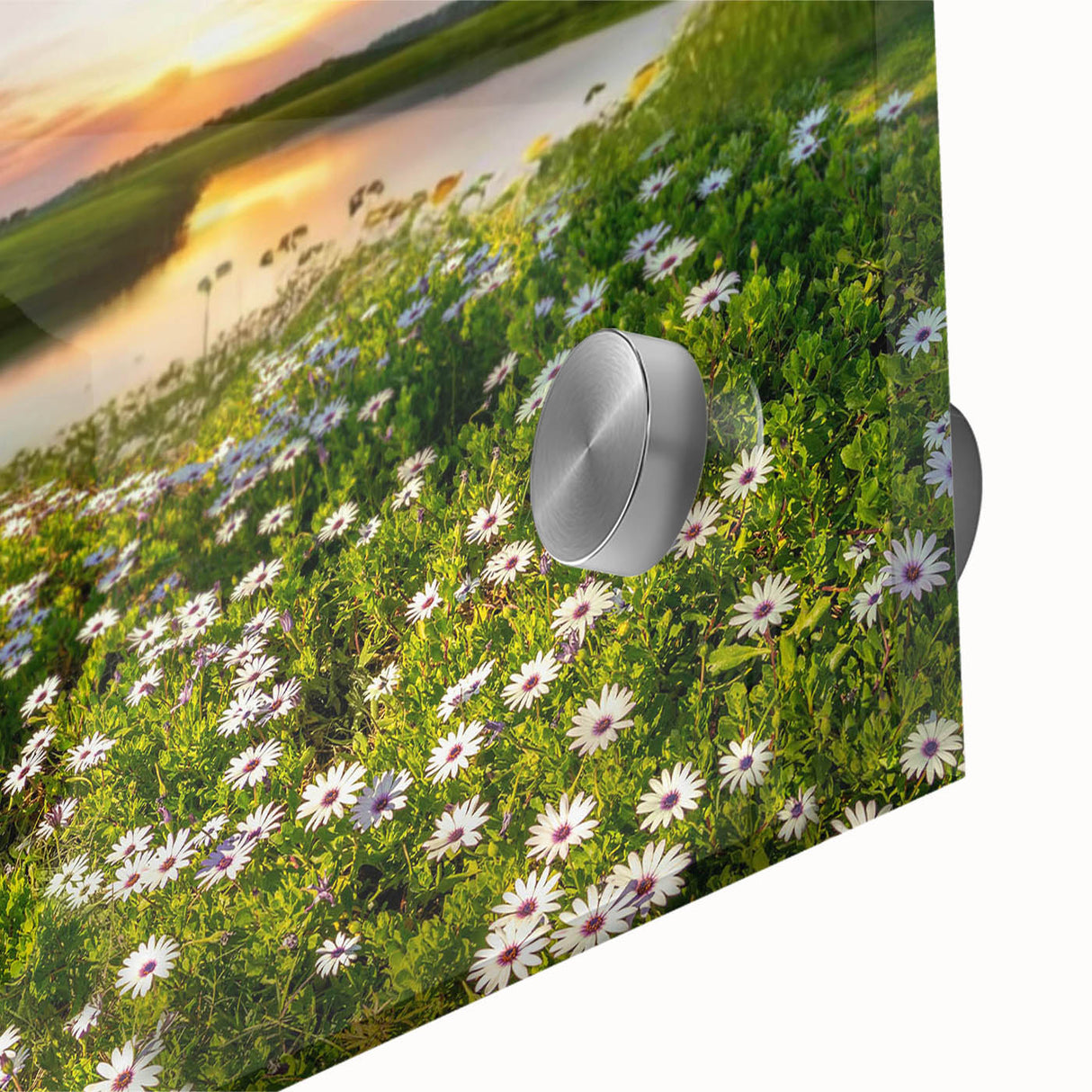 Close-up view of a vibrant acrylic wall art piece showcasing a serene landscape with a lake, surrounded by lush greenery, perfect for home decor and interior design.