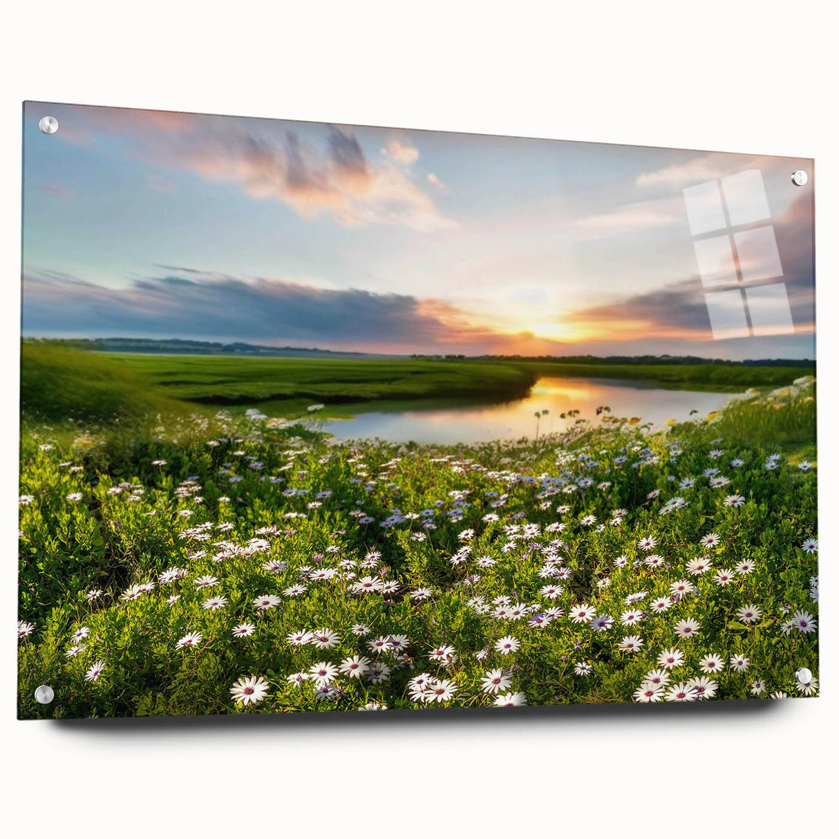 Acrylic glass wall art collection showcasing a serene landscape lake design, featuring vibrant colors and intricate details. Perfect for modern home décor, displayed in a stylish side view with pins for easy mounting.