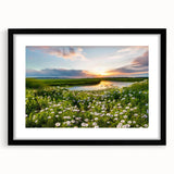 Framed black wall art featuring vibrant landscape and lake designs, elegantly matted to enhance visual appeal, ideal for home or office decor.