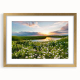 Framed wall art featuring tranquil lake landscape design with gold matting, ideal for enhancing home decor. Perfect for nature lovers and interior design enthusiasts.
