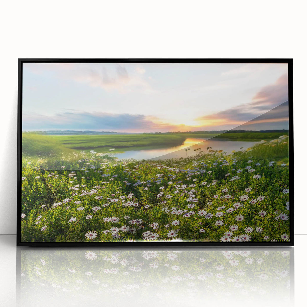 Framed acrylic wall art showcasing a serene lake landscape with vibrant colors, perfect for enhancing home decor. Elegant black frame adds sophistication.