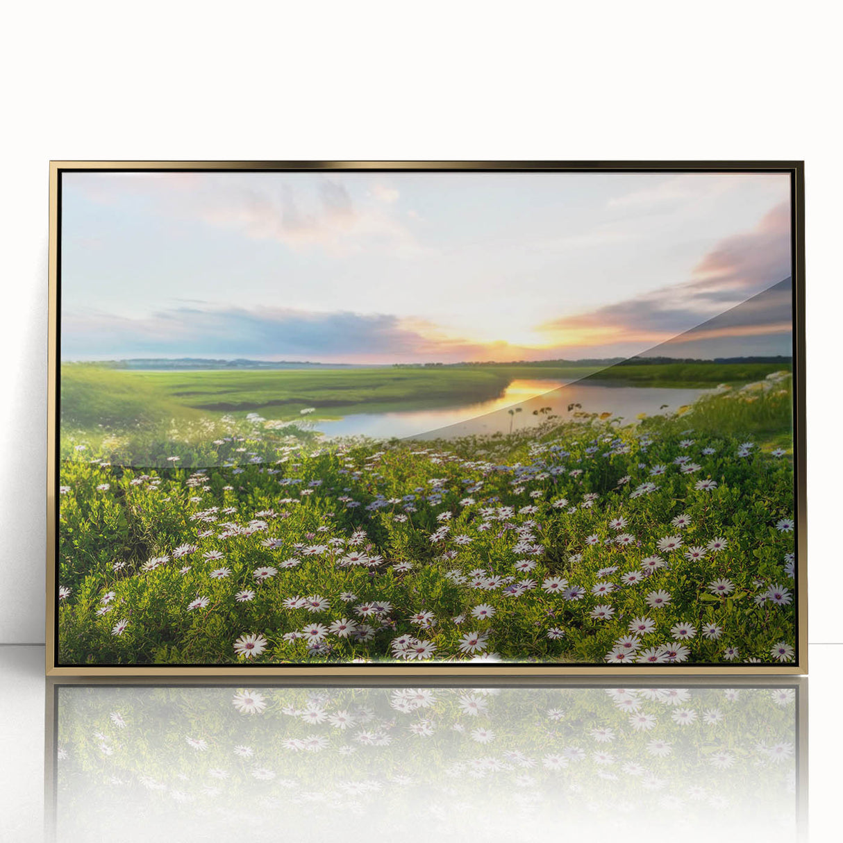 Framed acrylic wall art showcasing a serene lakeside landscape with vibrant colors, featuring a gold frame that enhances the visual appeal, ideal for home decor.
