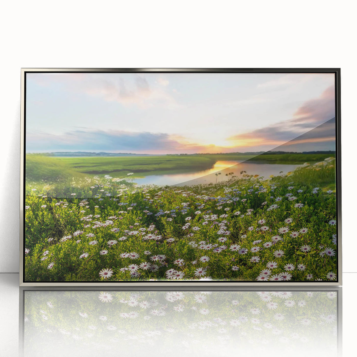 Framed wall art collection showcasing a serene lake landscape design with vibrant colors, set in a silver acrylic frame, perfect for home decor.