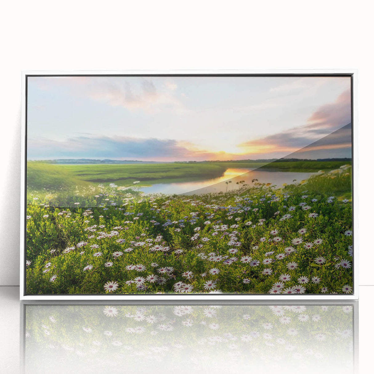 Framed wall art collection showcasing a serene lakeside landscape design, featuring vibrant colors and acrylic finish, perfect for home decor enhancement.