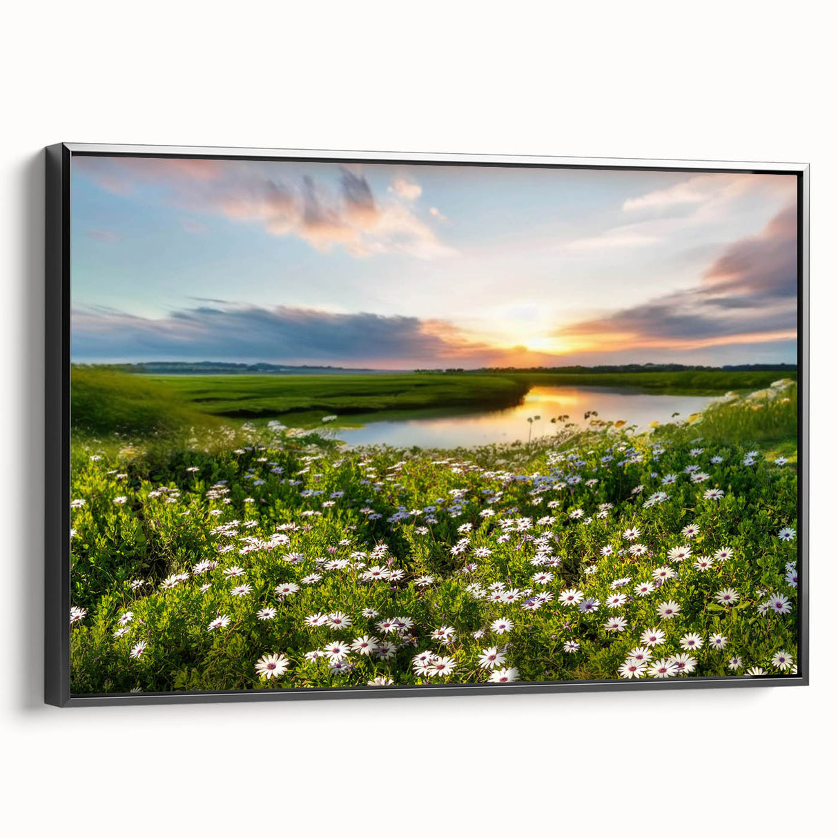 Framed canvas wall art featuring a serene landscape of a lake, surrounded by lush greenery, with a sleek black frame highlighting the vibrant colors and depth, perfect for home decor.