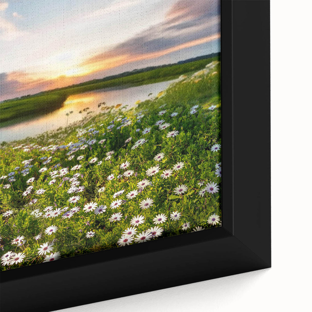 Close-up of a framed canvas wall art piece showcasing a serene lake landscape with vibrant colors and intricate details, perfect for home decor enhancement.