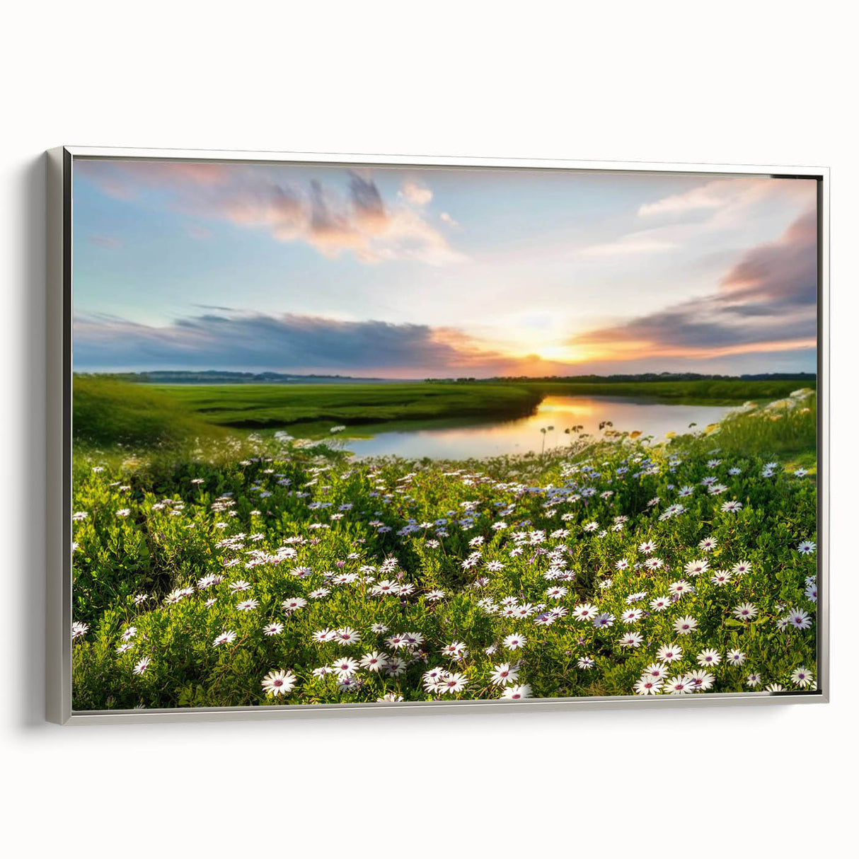 Framed canvas wall art showcasing a serene lake landscape with silver accents, perfect for modern home decor. The piece highlights tranquil colors and natural beauty, enhancing any living space.